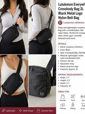 Lululemon Everywhere Crossbody Bag 2L Black Metal Logo Nylon Belt Bag